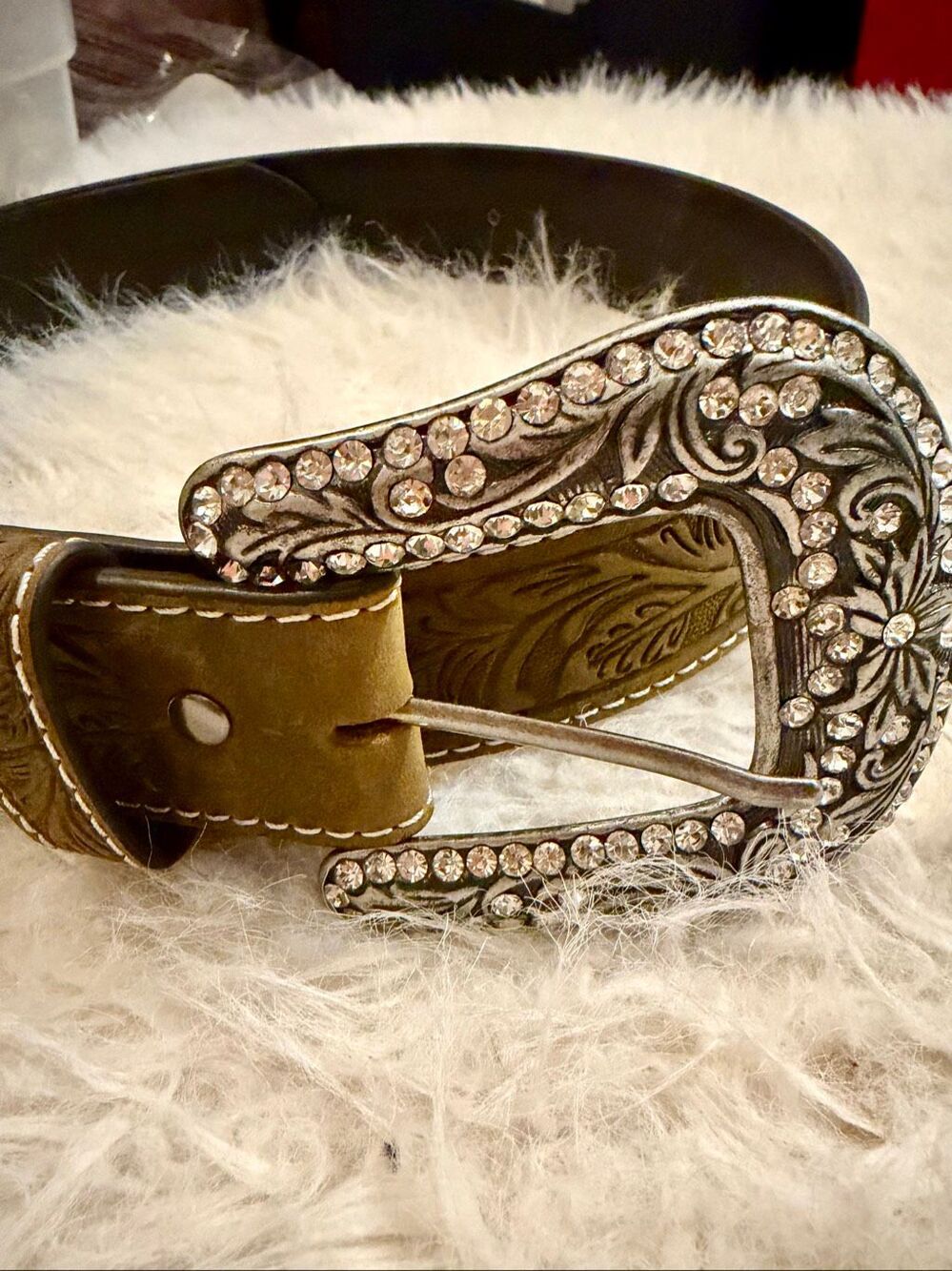 Shyanne genuine, leather western rhinestone tooled belt